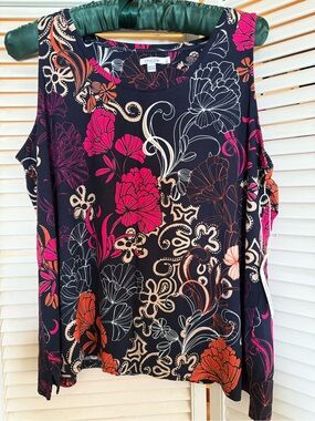 Chico's Black Floral Cold-Shoulder Tank with Pink and Orange Blooms